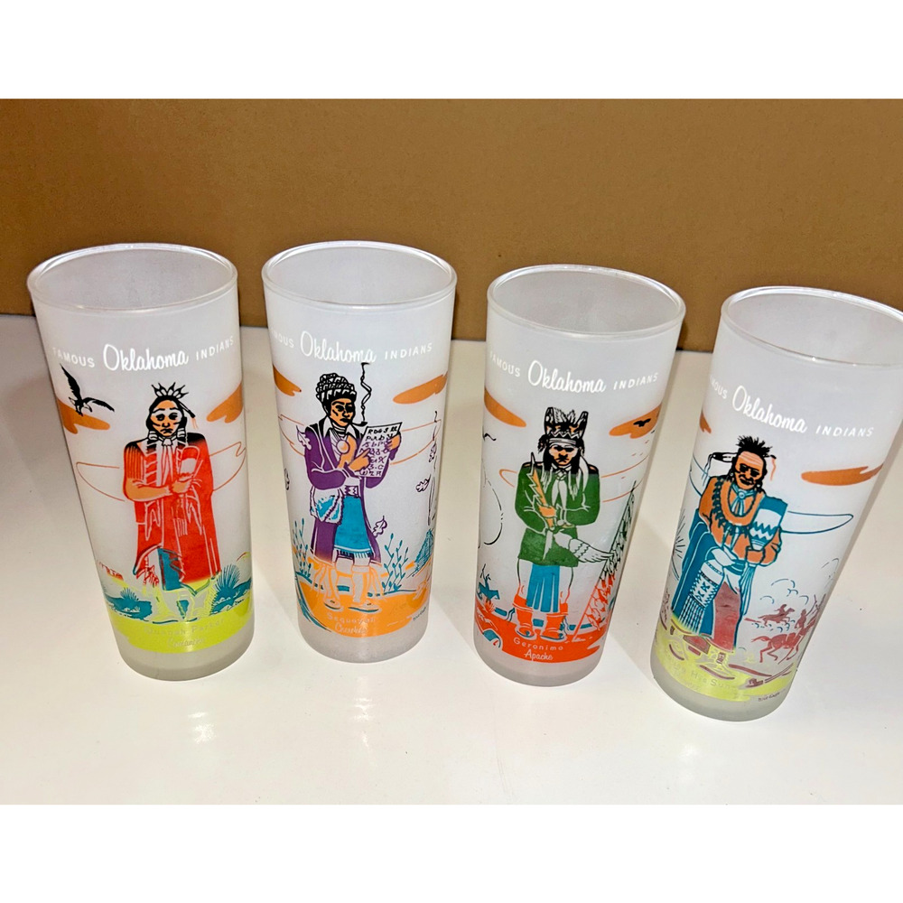 Famous Oklahoma Indians Knox Oil Blue Eagle Frosted Glasses 4pc Set 1959